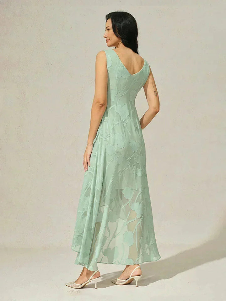 Floral Chiffon Sleeveless Evening Gown with Asymmetrical Hem