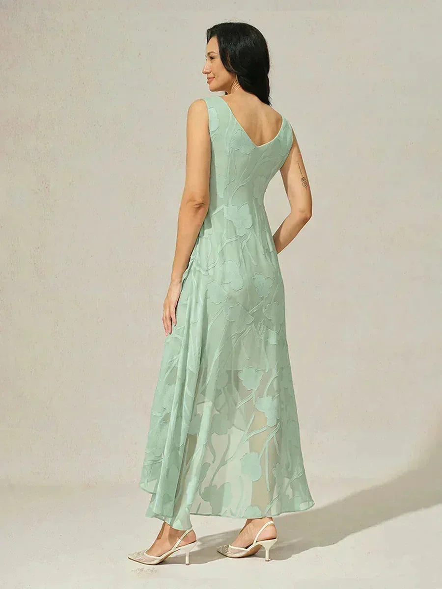 Chiffon Mouwloze Avondjurk Met Bloemenprint En Asymmetrische Zoom