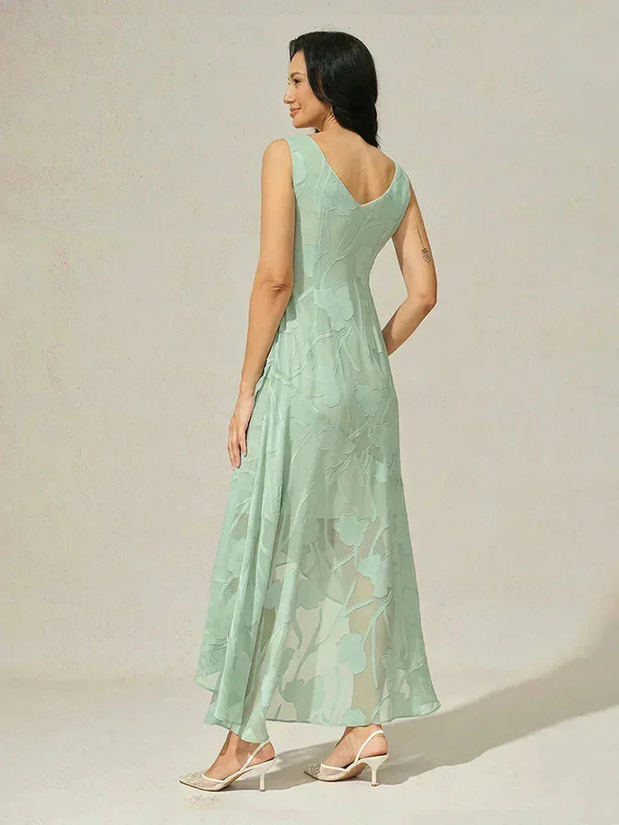 Mouwloze Chiffon Avondjurk Met Bloemenprint En Asymmetrische Zoom