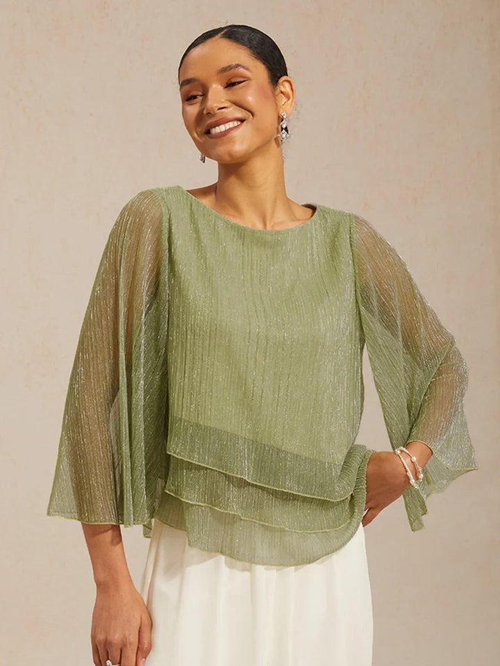 Metallic Geplooide Chiffon Asymmetrische Gelaagde Blouse