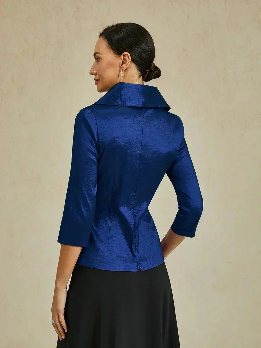 3/4-Sleeve Stretch Taffeta Blouse with Belt Detail