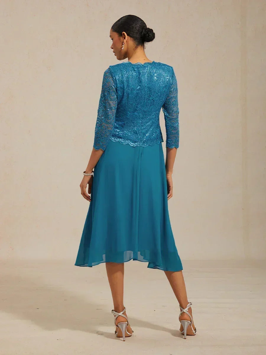 Elegante kanten- en chiffon theelange jurk