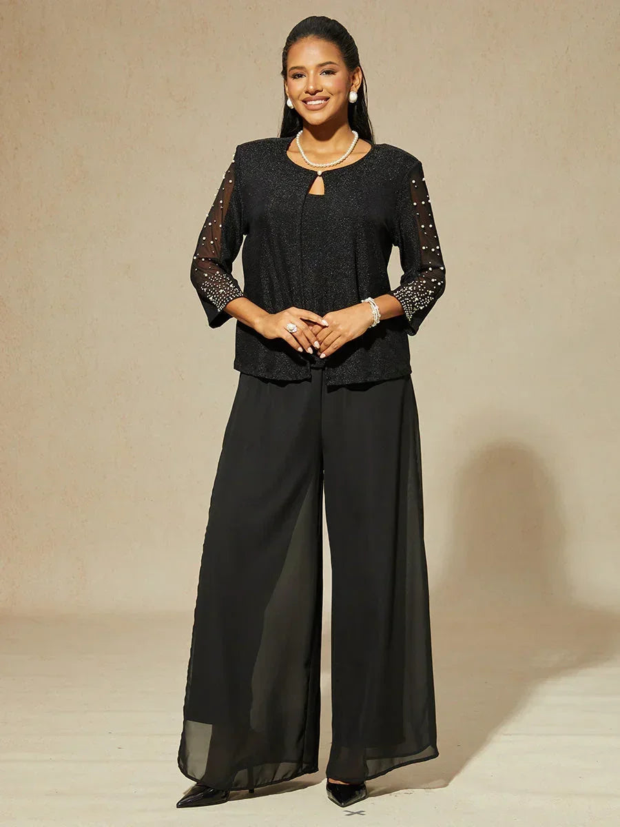 Metallic Knit Blouse with Beading and 3/4 Sleeves