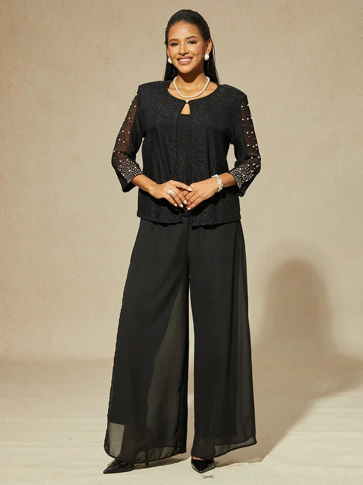 Metallic Knit Blouse with Beading and 3/4 Sleeves