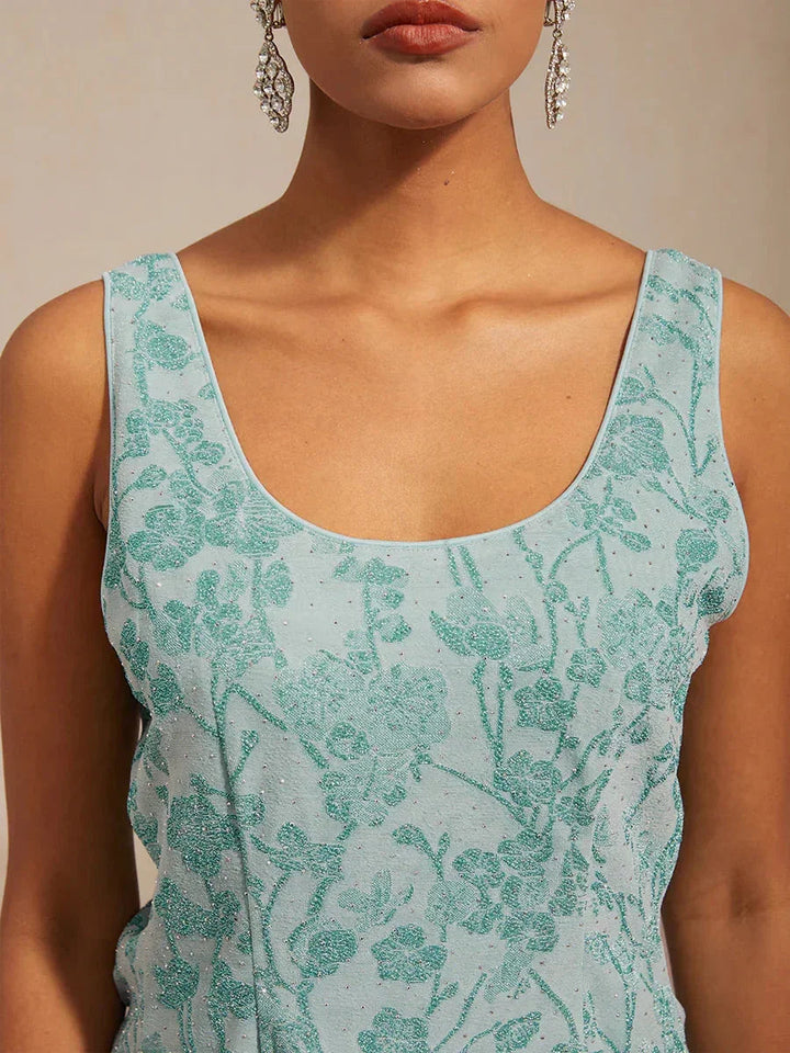 Gebreide Jacquard Twinset Met Bloemen En Mandarijnkraag