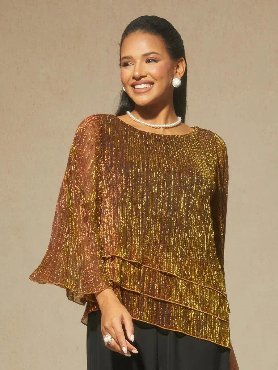 Metallisch Geplooide Chiffon Asymmetrische Gelaagde Blouse