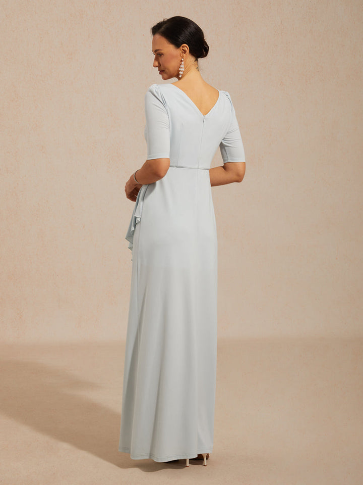 Boat Neck Ruffle A-Line Maxi Dress with Rhinestone Neck Detail