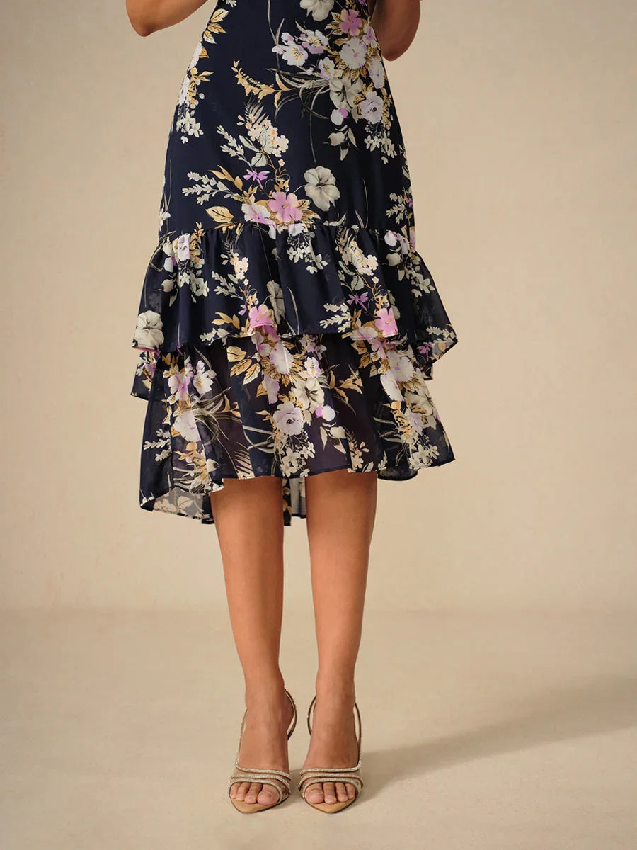 Bloemenchiffon V-hals Midi-jurk met Ruches