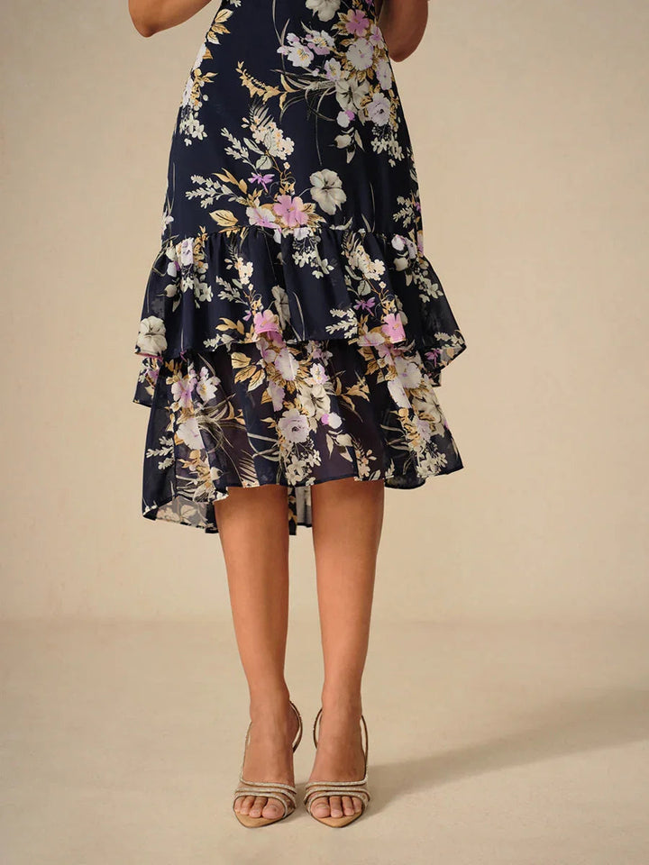 Bloemenchiffon V-hals Midi-jurk met Ruches