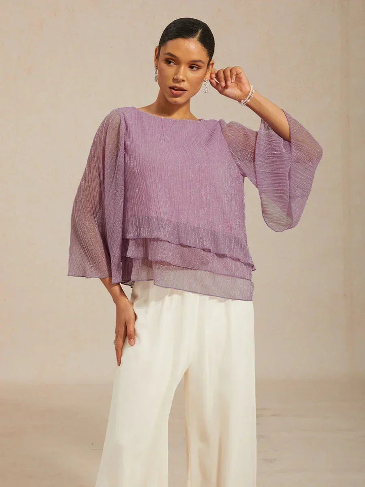 Metallische Geplooide Chiffon Asymmetrische Gelaagde Blouse