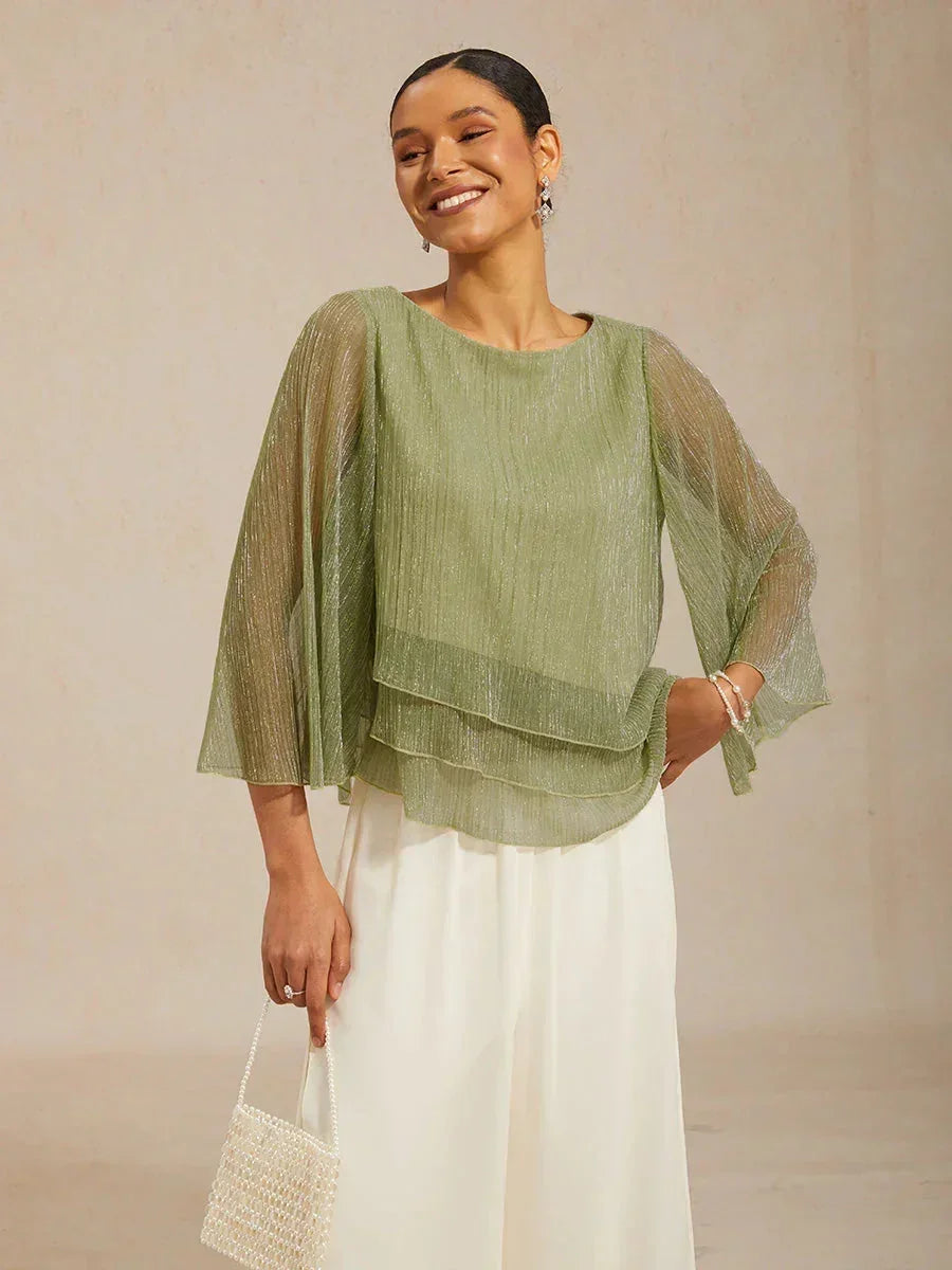 Metallische Geplooide Chiffon Asymmetrische Gelaagde Blouse