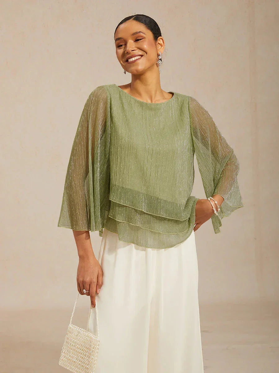 Metallic Geplooide Chiffon Asymmetrische Gelaagde Blouse