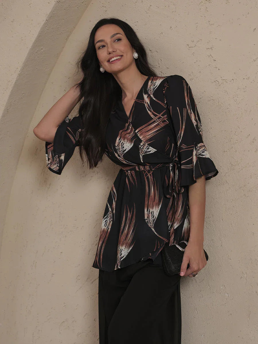V-hals Lange Tuniekblouse met Volantmouwen