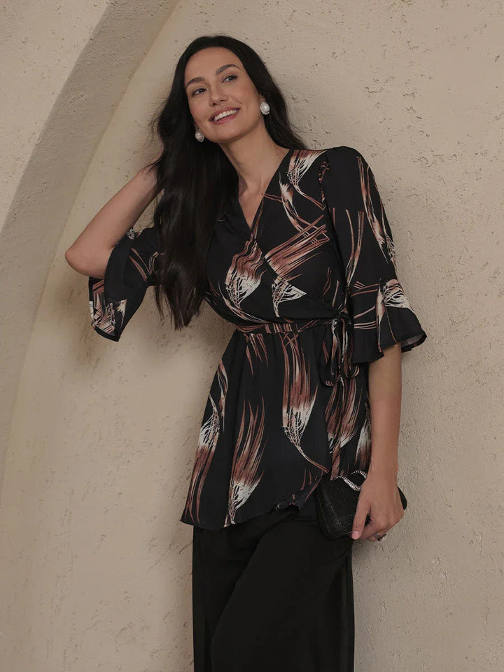 V-hals Lange Tuniekblouse met Volantmouwen