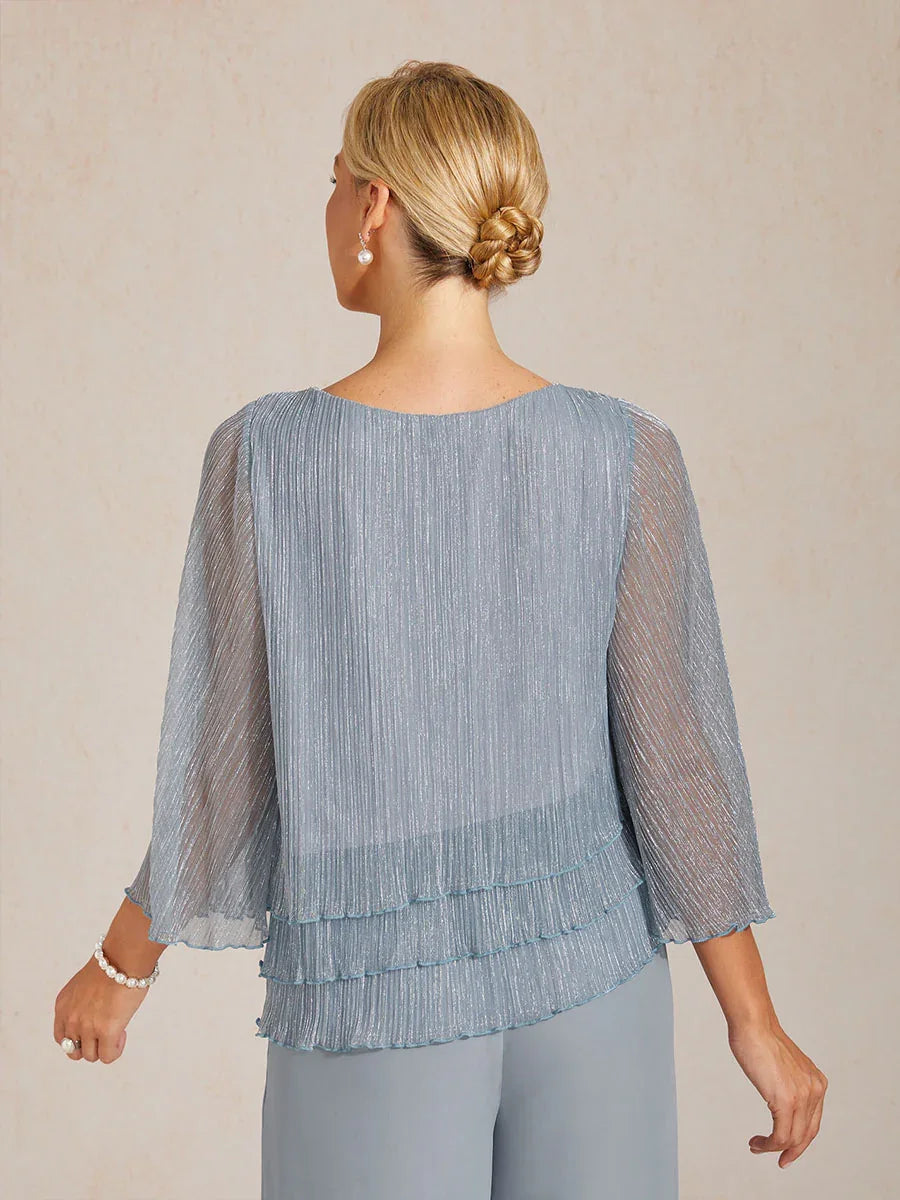 Metallische Geplooide Chiffon Asymmetrische Gelaagde Blouse
