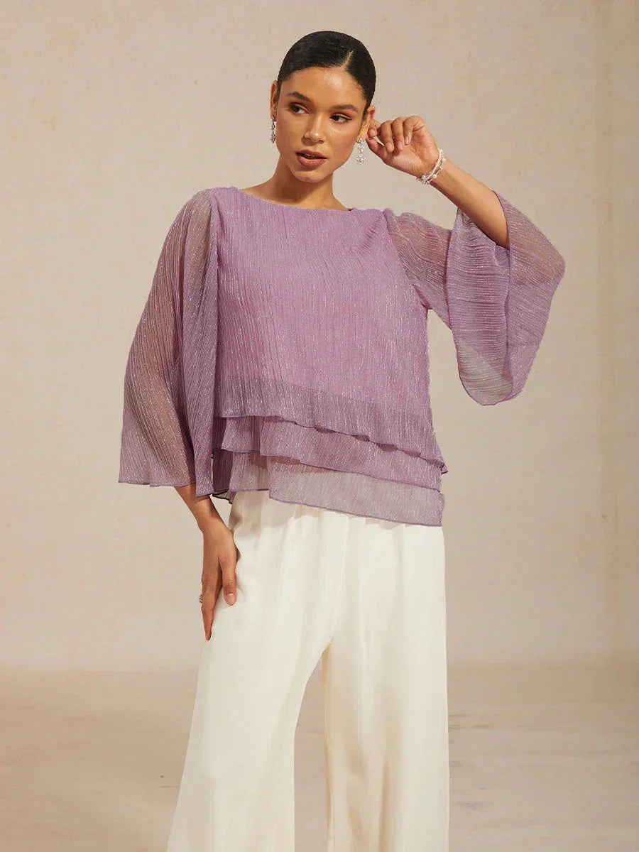 Metallisch Geplooide Chiffon Asymmetrische Gelaagde Blouse