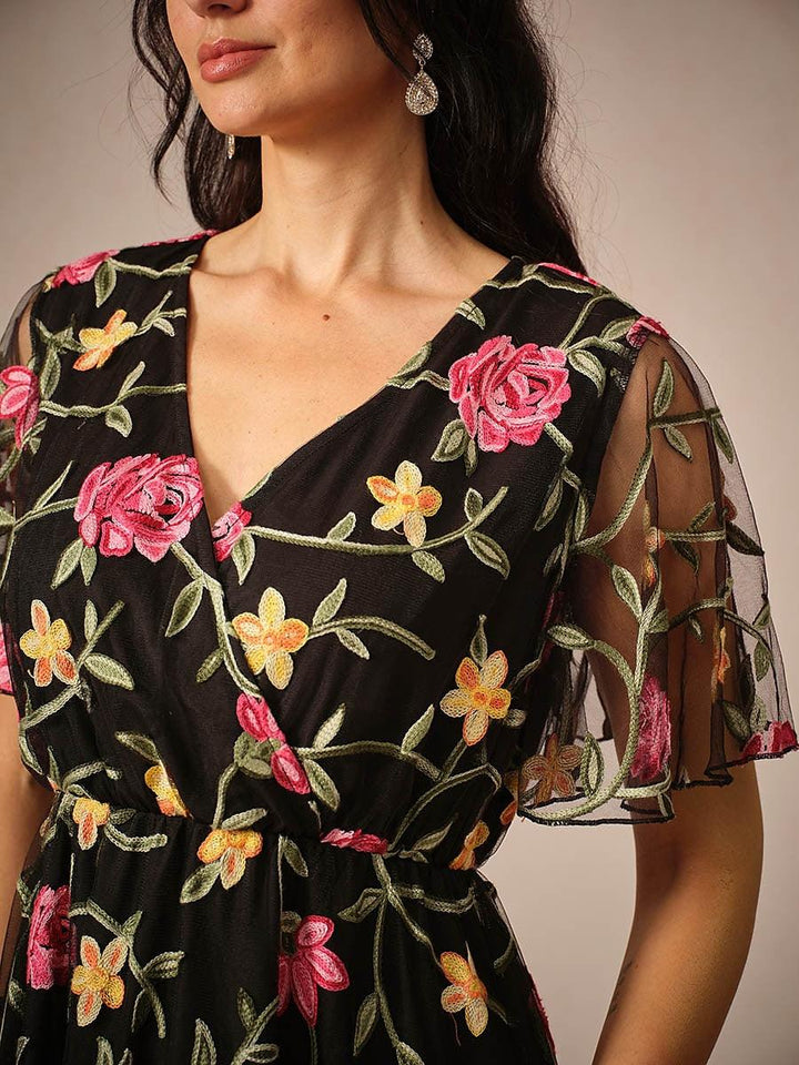 Midi-jurk van mesh met bloemenborduursel