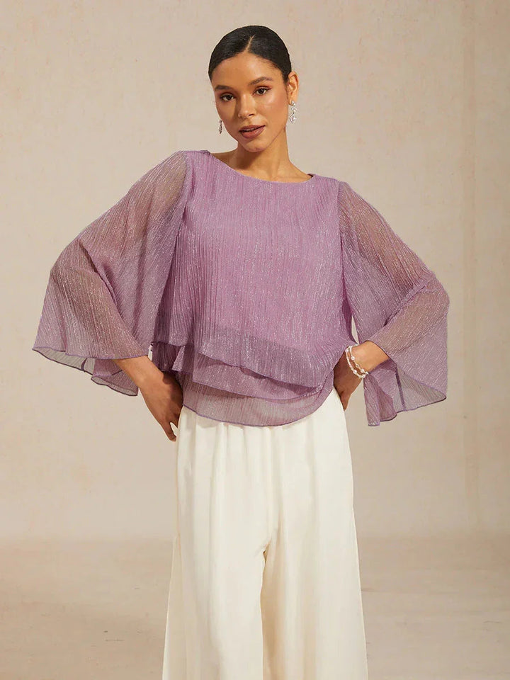 Metallic Geplooide Chiffon Asymmetrische Gelaagde Blouse