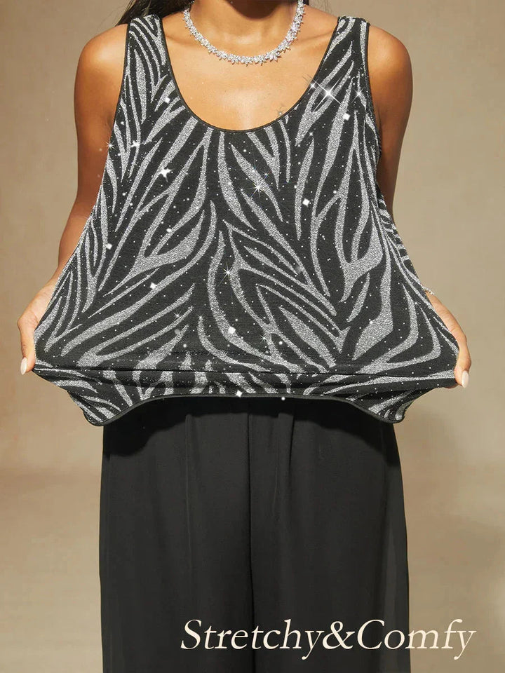 Elegant Mandarin Collar Twinset with Rhinestone Zebra Print