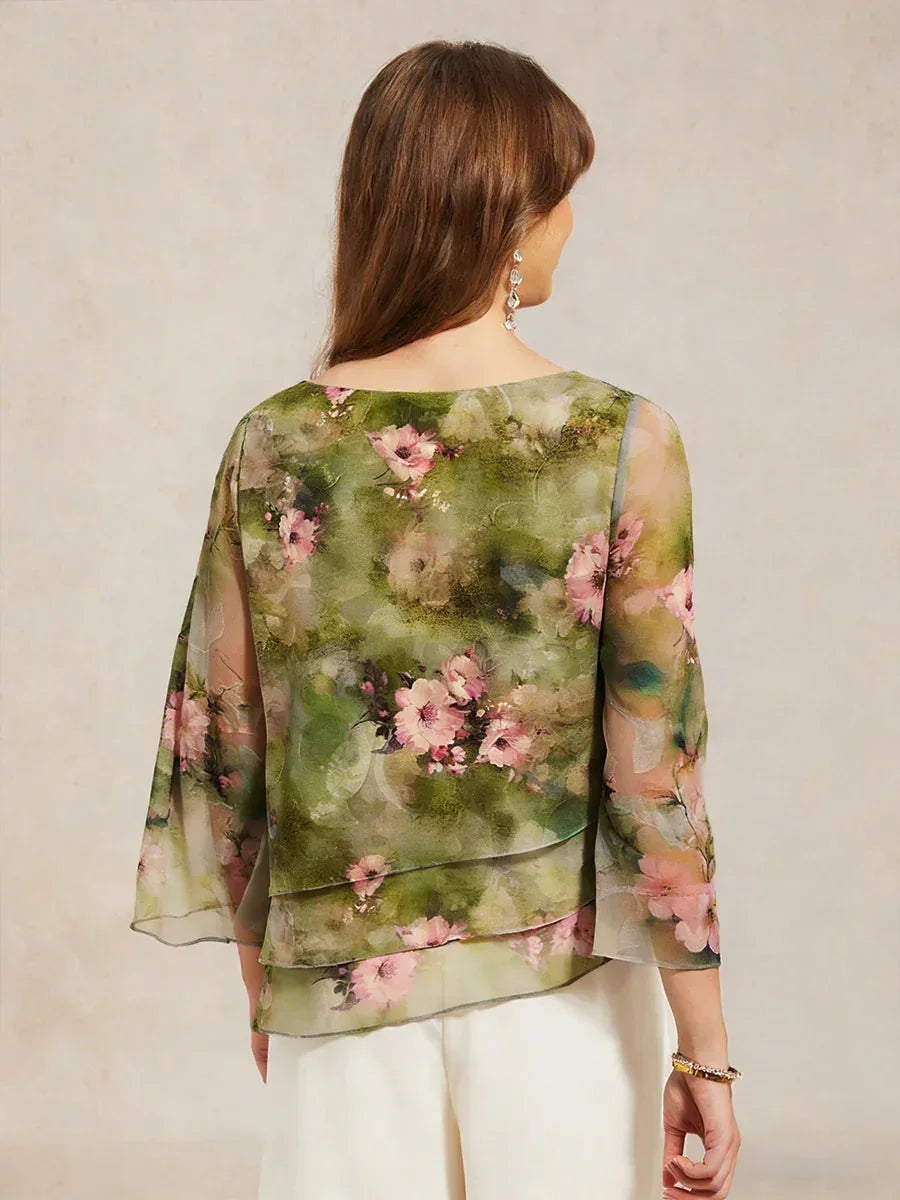 Gelaagde chiffonblouse met kant en bloemenprint