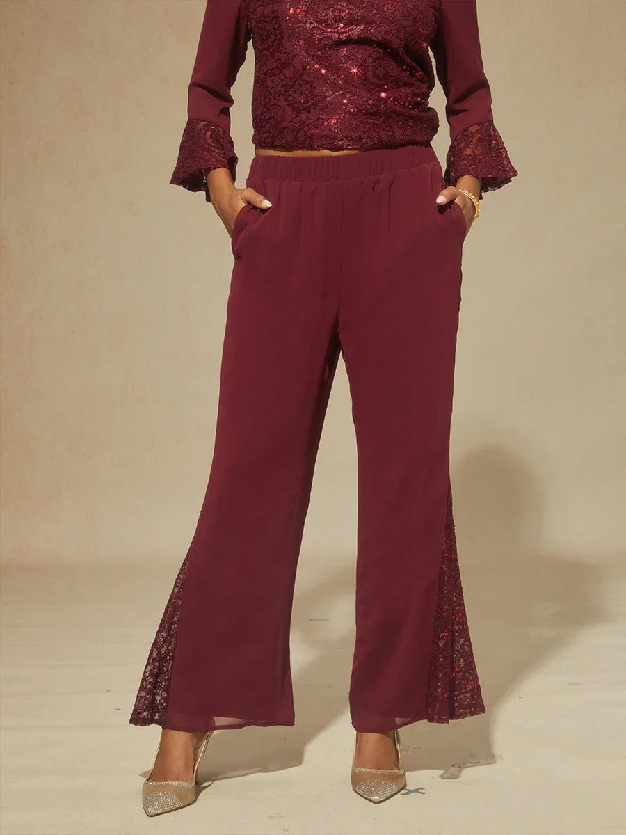 Middenhoge Chiffon Flared Broek met Kanten Bies