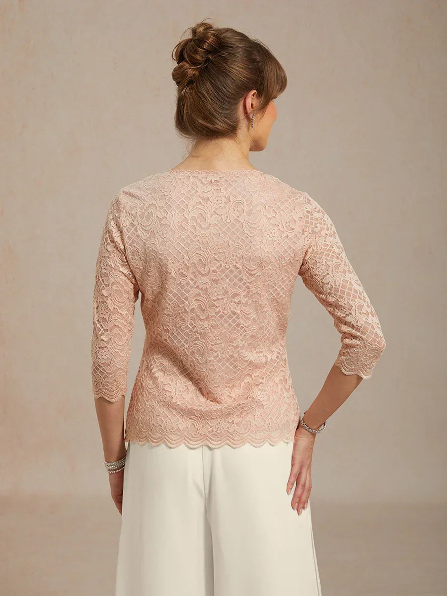 Vrouwelijke V-hals Stretch Kanten Top met Geschulpte Zoom
