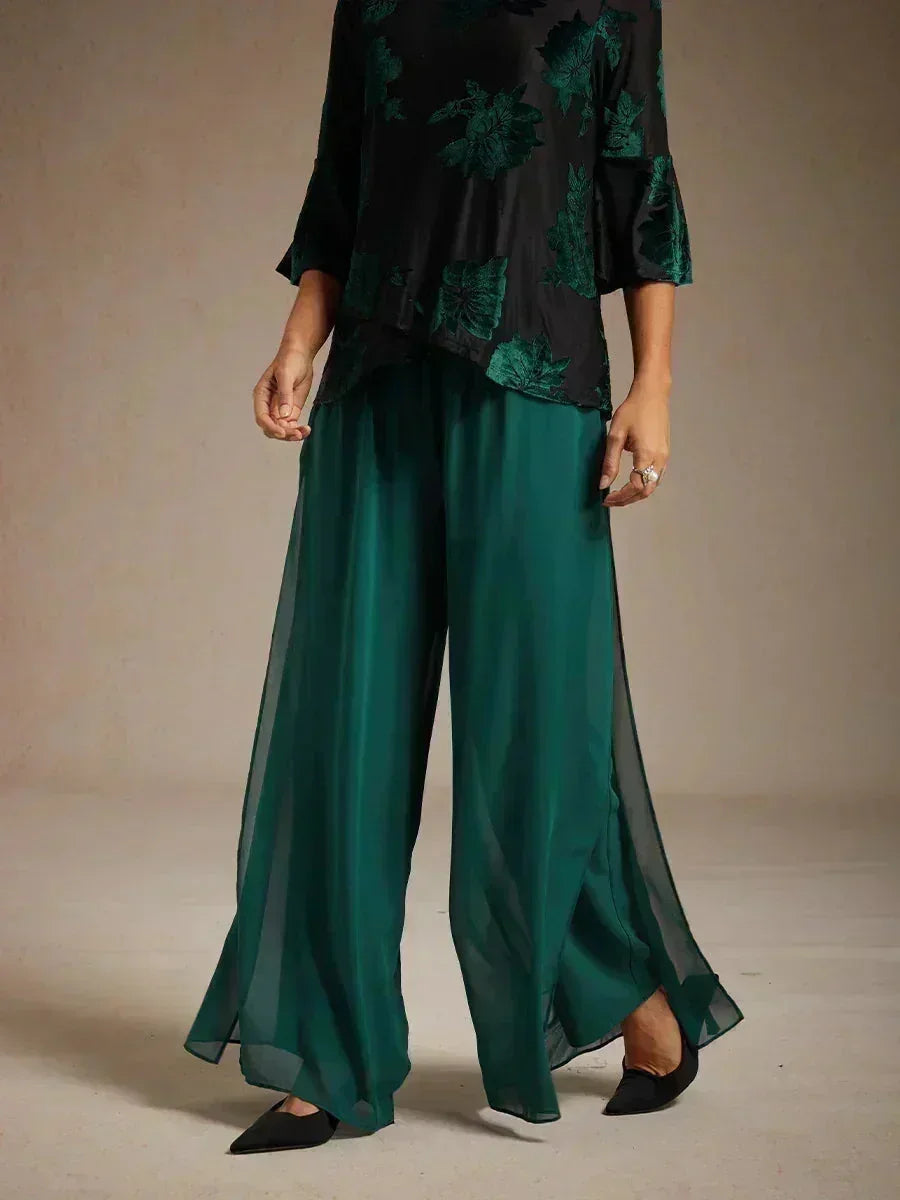 Rechte broek met chiffon split been overlay