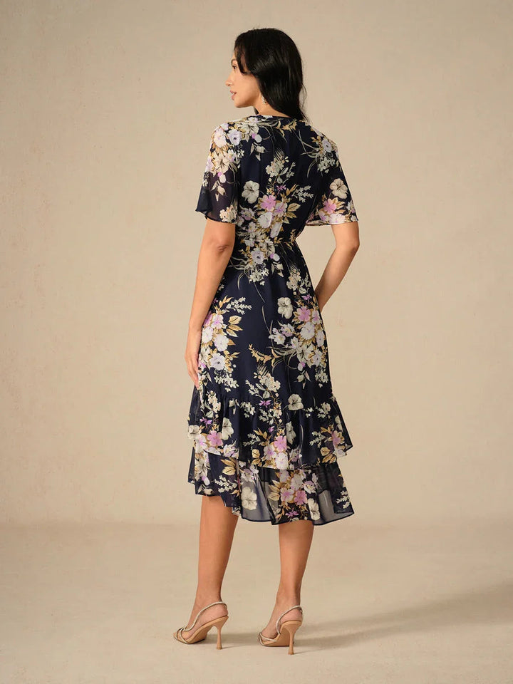 Bloemenchiffon V-hals Midi-jurk met Ruches