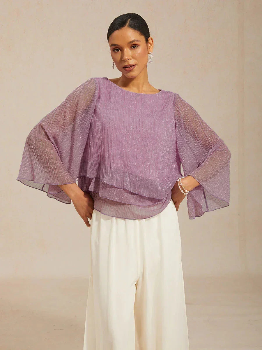 Metallic Geplooide Chiffonblouse met Asymmetrische Lagen