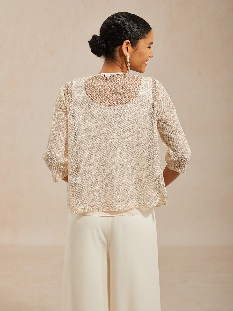 Paillettenmesh Twinset Met Ronde Hals En 3/4-mouw