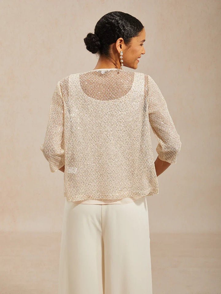 Paillettenmesh Twinset Met Ronde Hals En 3/4-mouw
