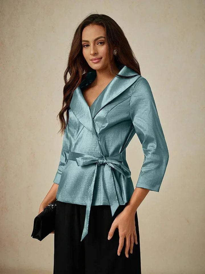 3/4 mouw stretch taffeta blouse met ceintuurdetail