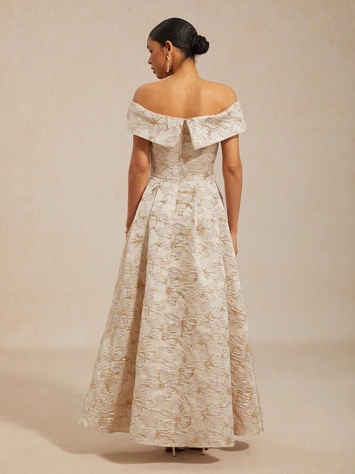 Off the Shoulder Metallic Floral Jacquard Ballgown