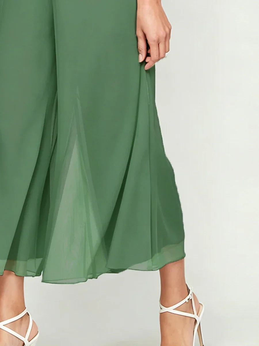 Pantalon Met Rechte Pijpen in Cropped Lengte met Chiffon Split-Overlay
