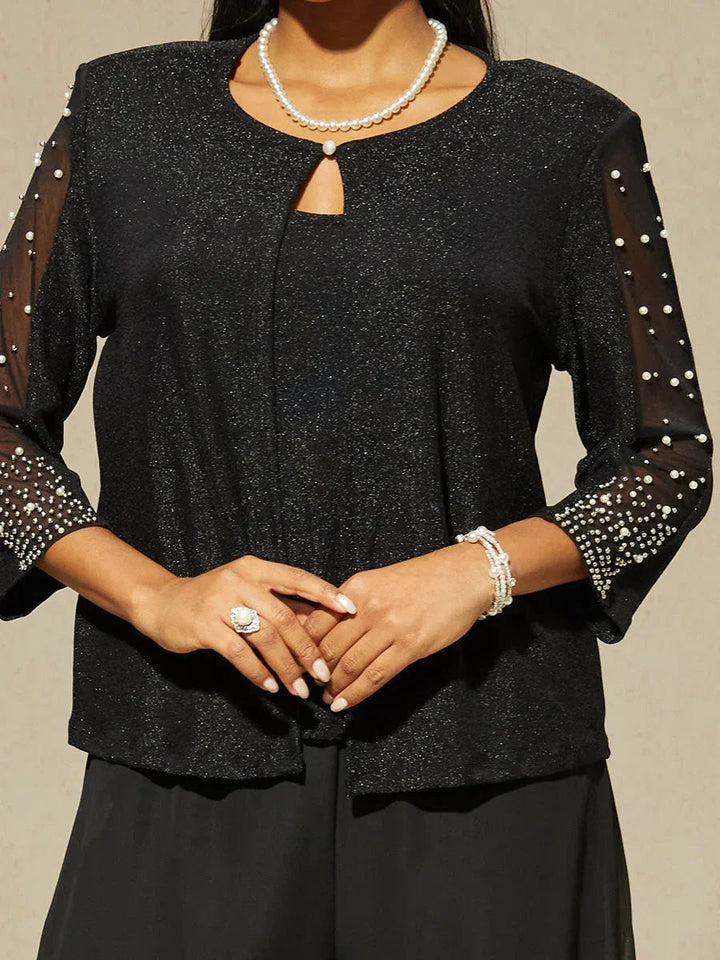Metallic Knit Blouse with Beading and 3/4 Sleeves