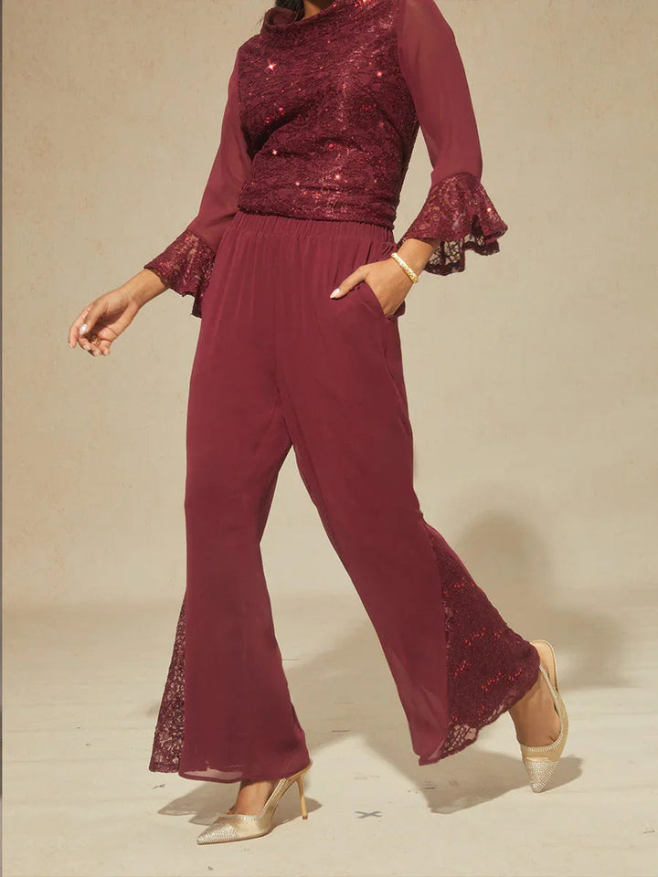 Middenhoge Chiffon Flared Broek met Kanten Bies