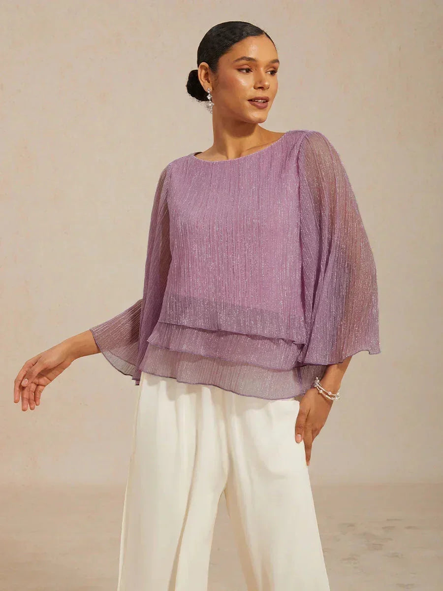 Metallische Geplooide Chiffon Asymmetrische Gelaagde Blouse