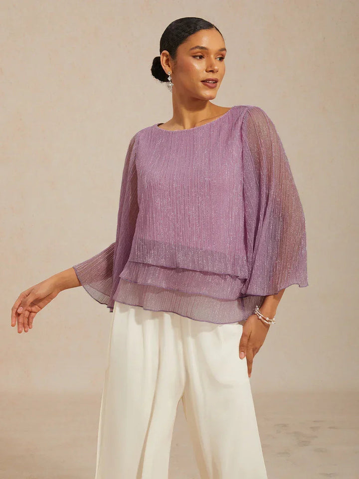 Metallic Chiffonblouse met Geplooide Stof en Asymmetrische Lagen