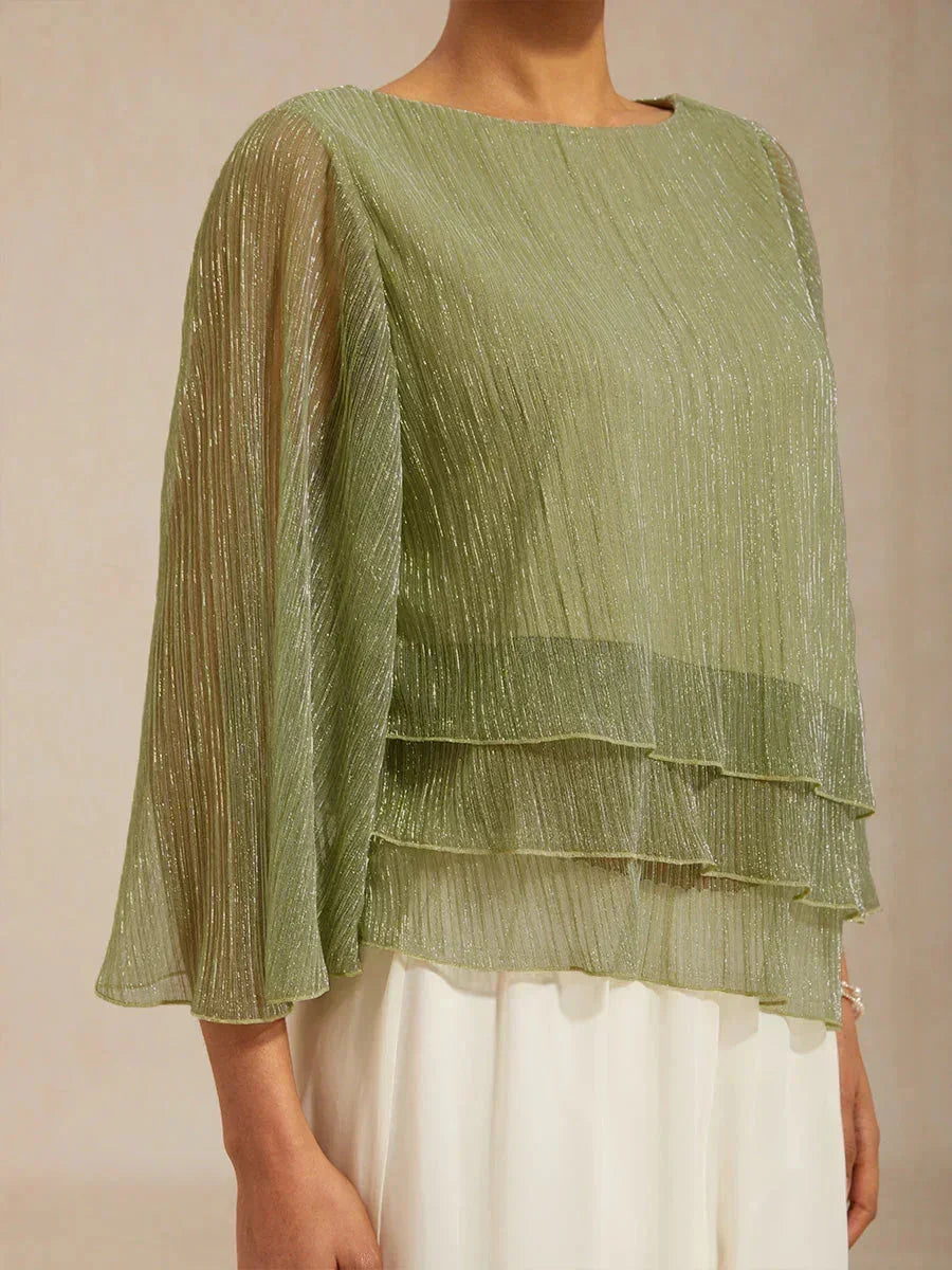 Metallische Geplooide Chiffon Asymmetrische Gelaagde Blouse