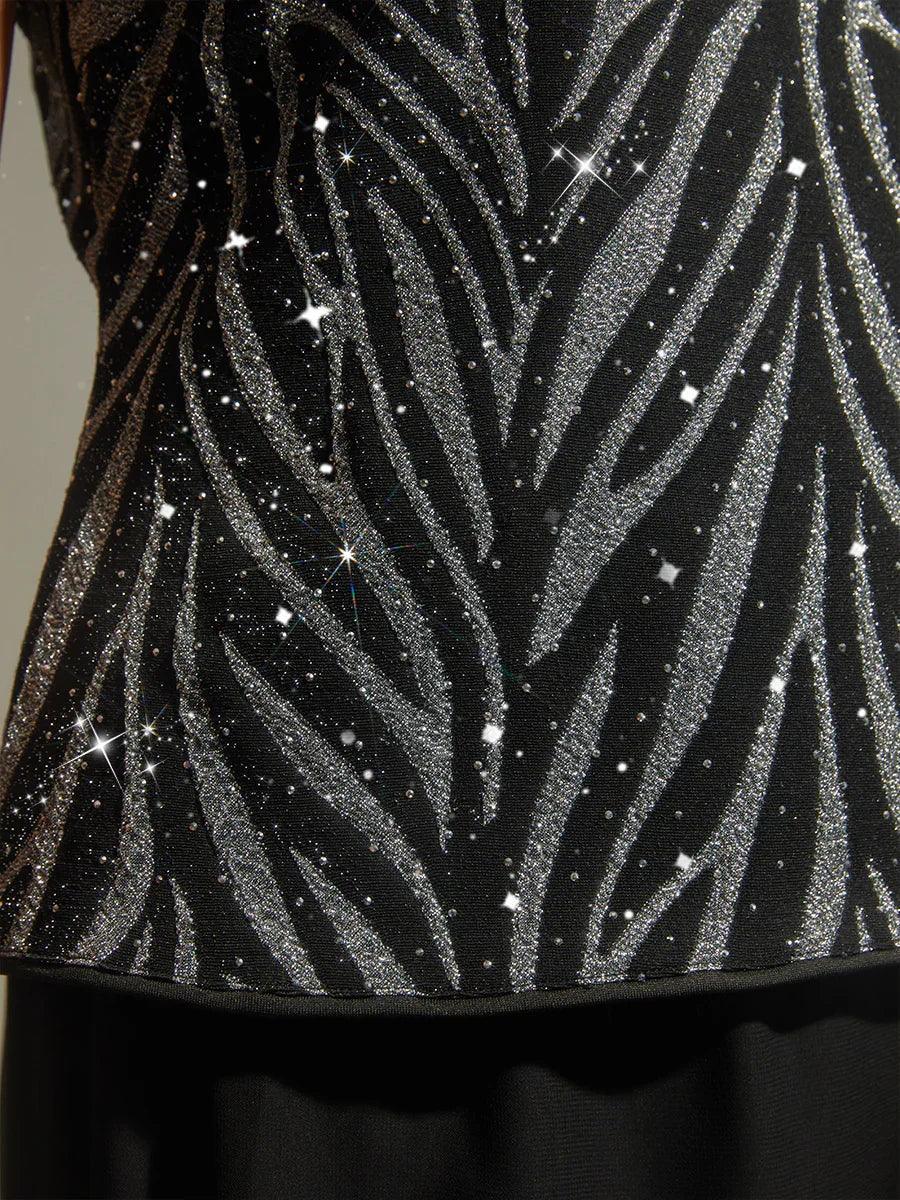 Elegant Mandarin Collar Twinset with Rhinestone Zebra Print