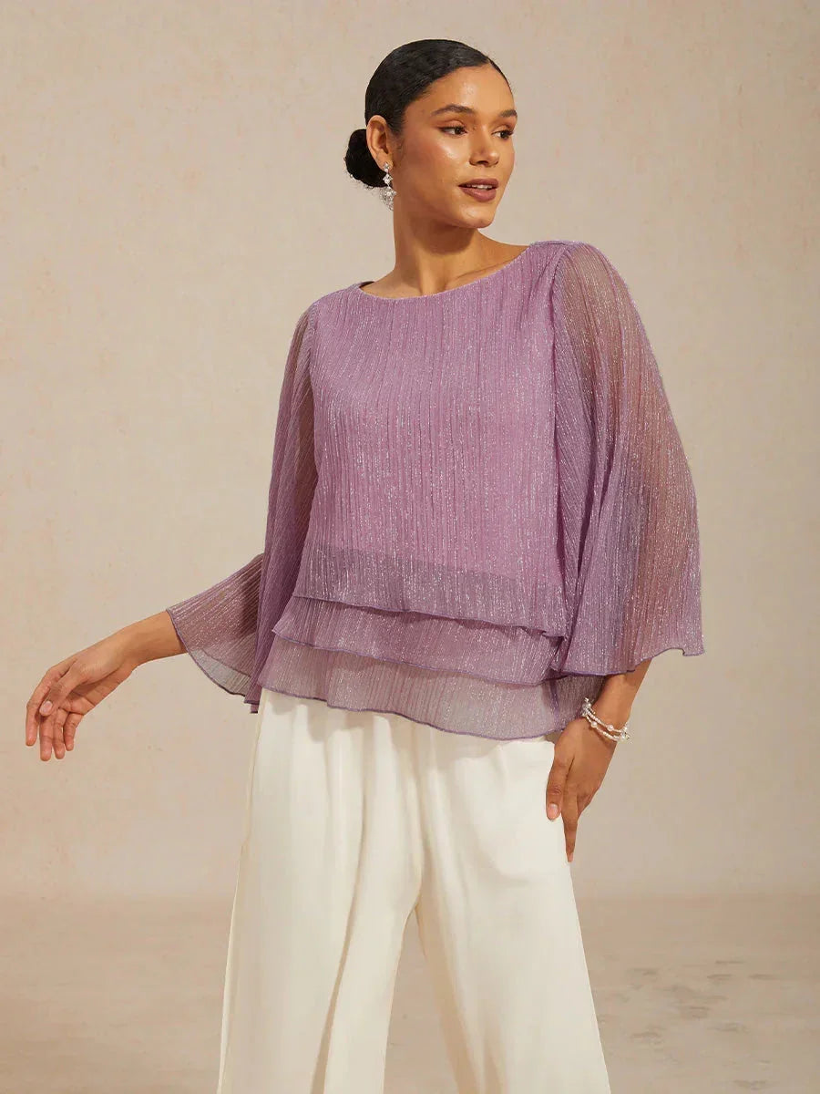 Metallic Geplooide Chiffon Asymmetrische Gelaagde Blouse