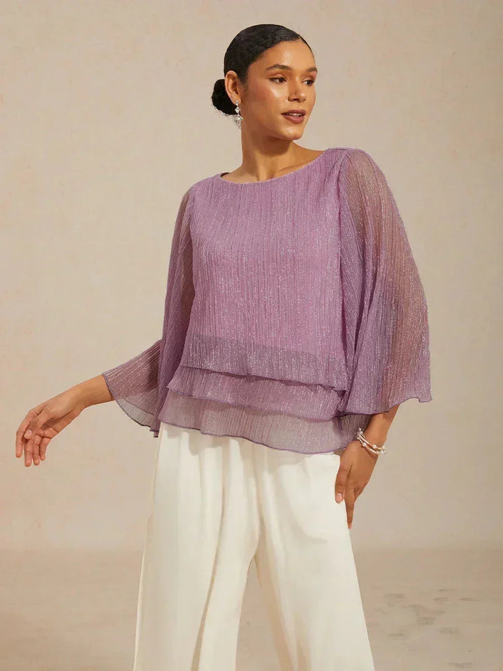 Metallische Geplooide Chiffon Asymmetrische Gelaagde Blouse