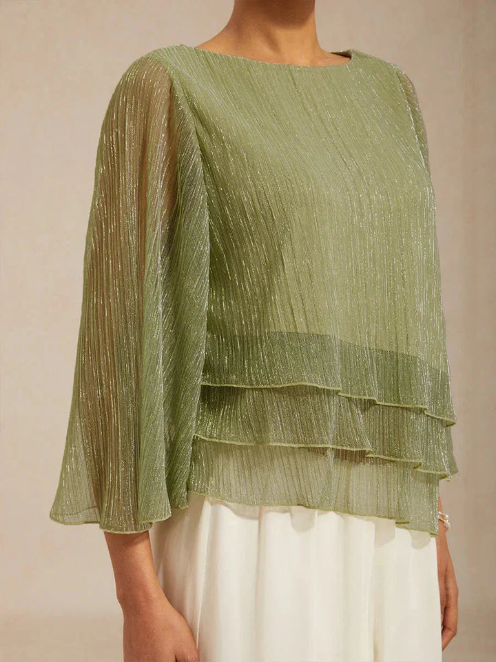 Metallic Geplooide Chiffon Asymmetrische Gelaagde Blouse