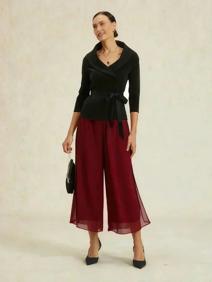 Cropped lengte rechte pijp broek met chiffon split pijp overlay