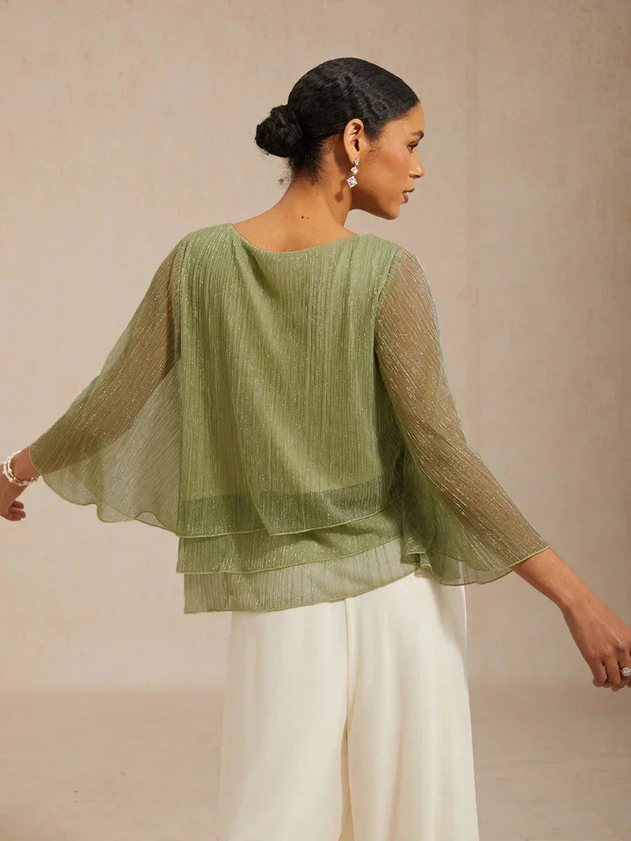 Metallic Geplooide Chiffon Asymmetrische Gelaagde Blouse