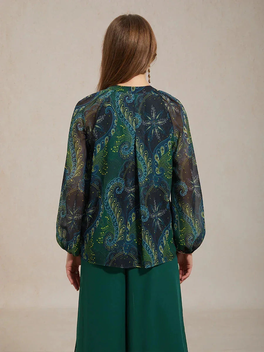 Paisley Chiffon Boerenblouse met Lange Lantaarmouwen