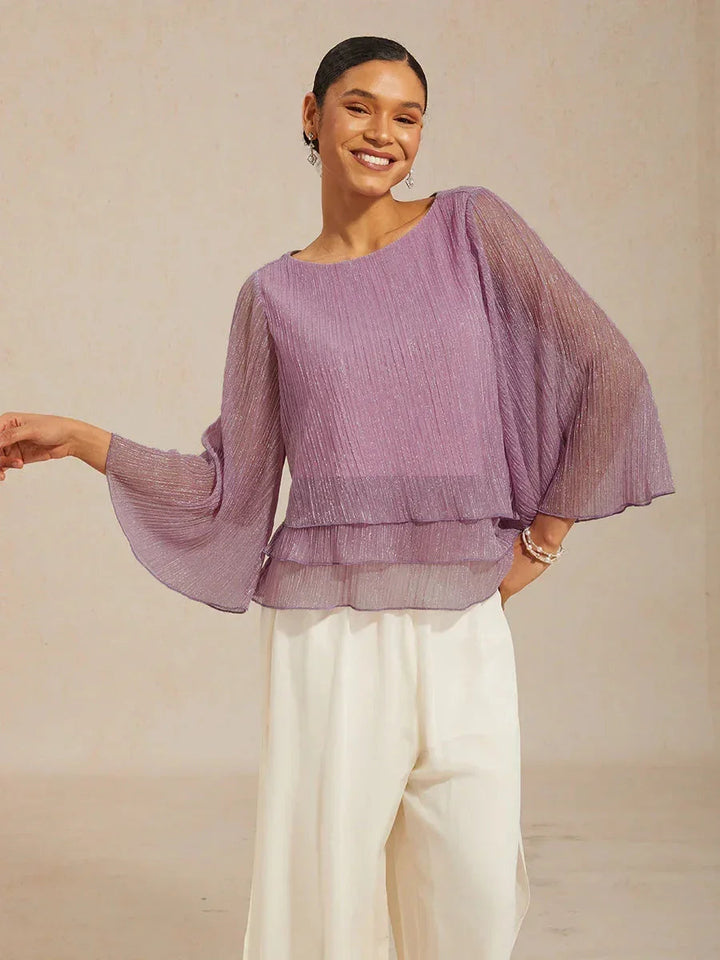 Metallic Geplooide Chiffonblouse met Asymmetrische Lagen