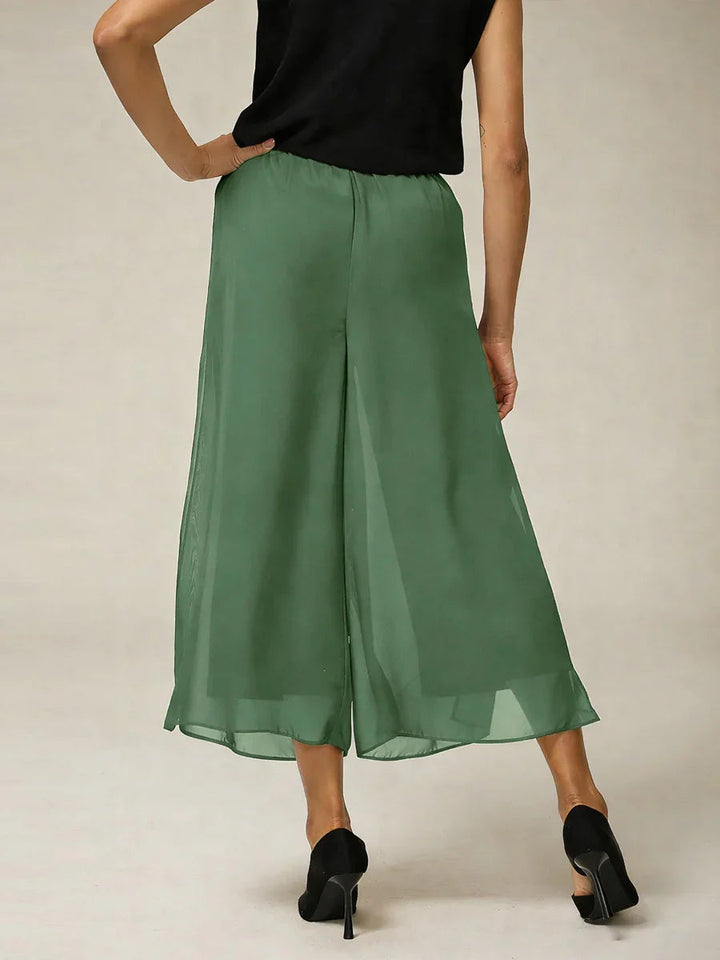 Cropped Length Straight Leg Pant With Chiffon Split Leg Overlay