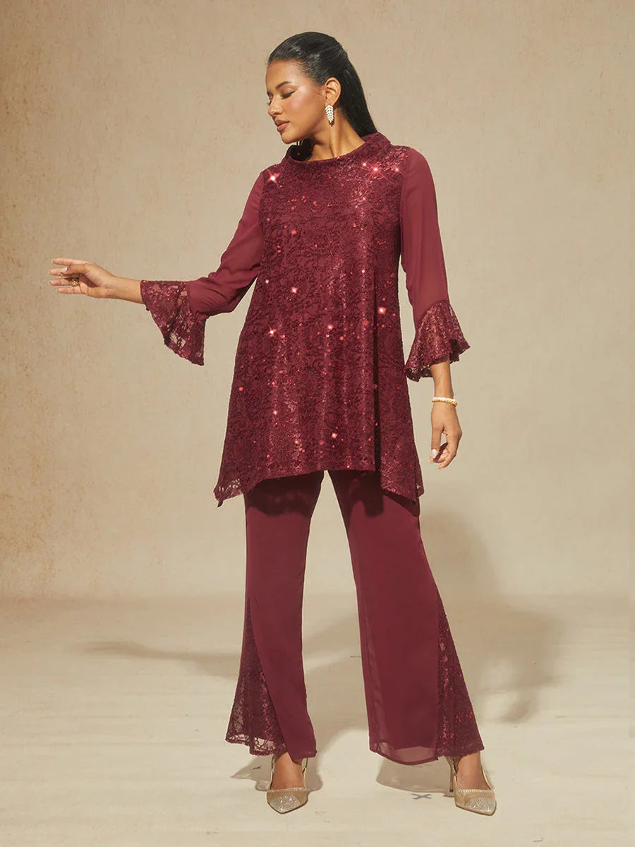 Middenhoge Chiffon Flared Broek met Kanten Bies