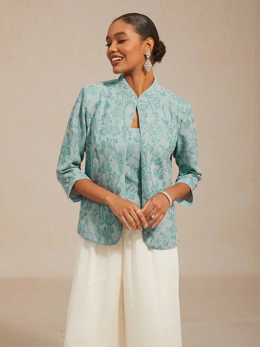 Gebreide Jacquard Twinset Met Bloemen En Mandarijnkraag
